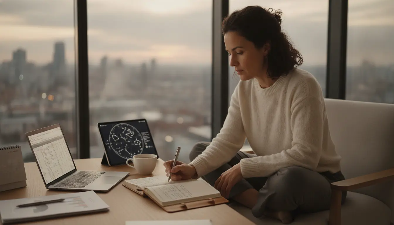 Startup founder reflecting on business strategy and career decisions before an online business astrology consultation.