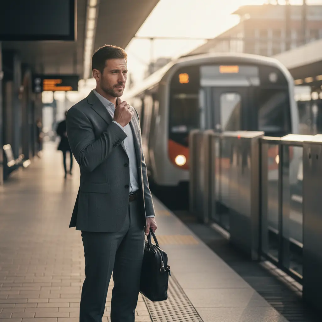 Professional reflecting on a career decision while waiting at a train station before the start of the workday.
