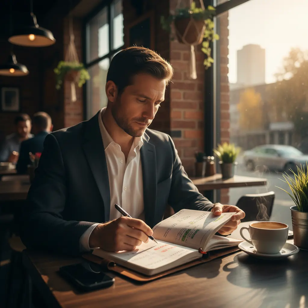 Business professional reviewing daily priorities and setting intentions before starting the workday.