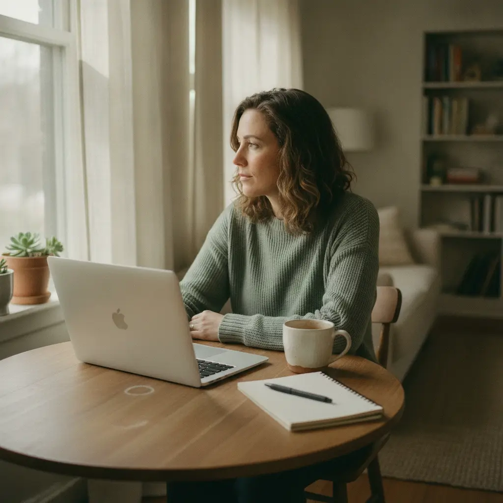 Person thoughtfully considering an online psychic reading at home
