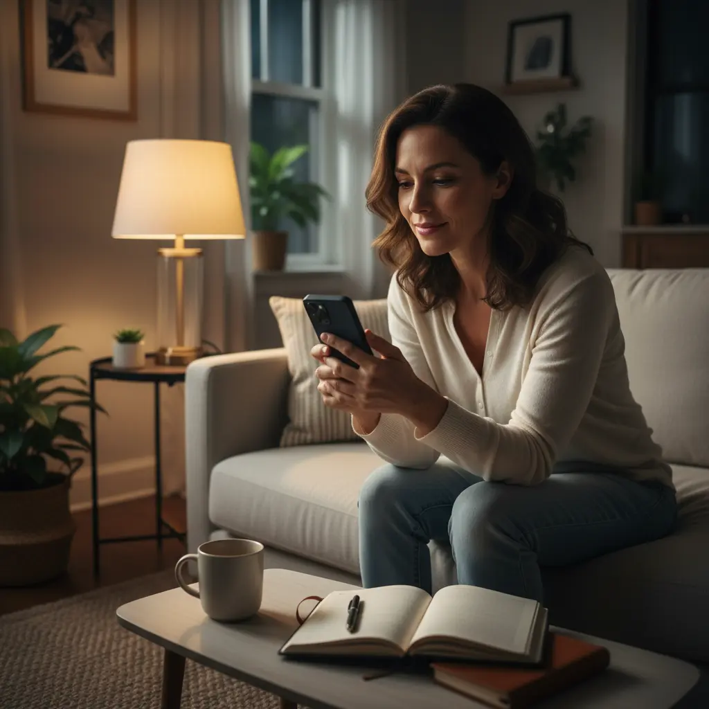 Online psychic reading through a private chat on a smartphone, showing a woman seeking spiritual guidance from home in a calm and comfortable setting.