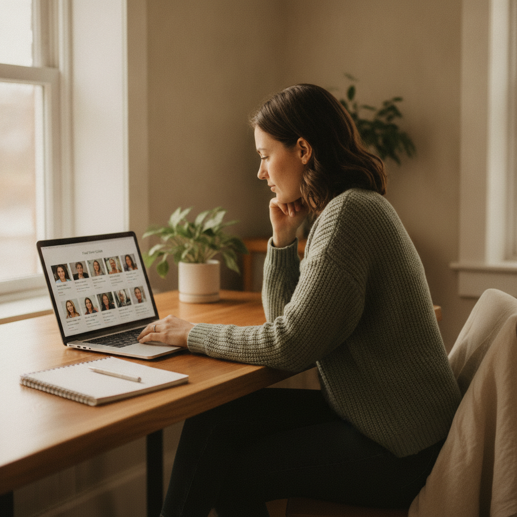 Woman choosing a psychic advisor during an online reading