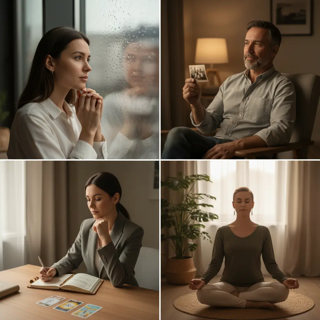 People exploring different forms of spiritual guidance including psychic readings, mediumship, tarot, and energy healing.