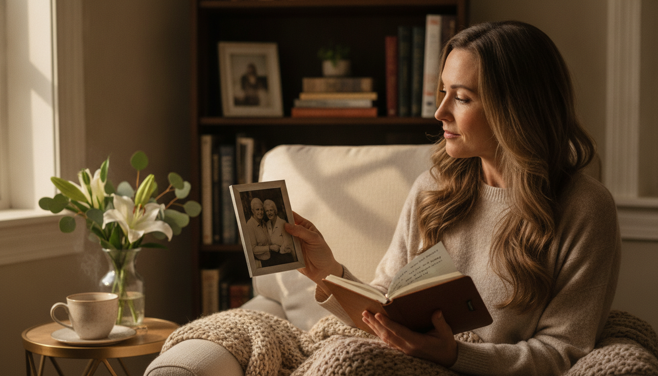 Woman preparing thoughtful questions before an online medium reading while reflecting on a loved one in a peaceful home setting.