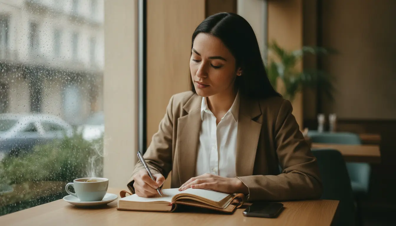 Woman writing relationship questions in a journal before an online love psychic reading at a quiet café.
