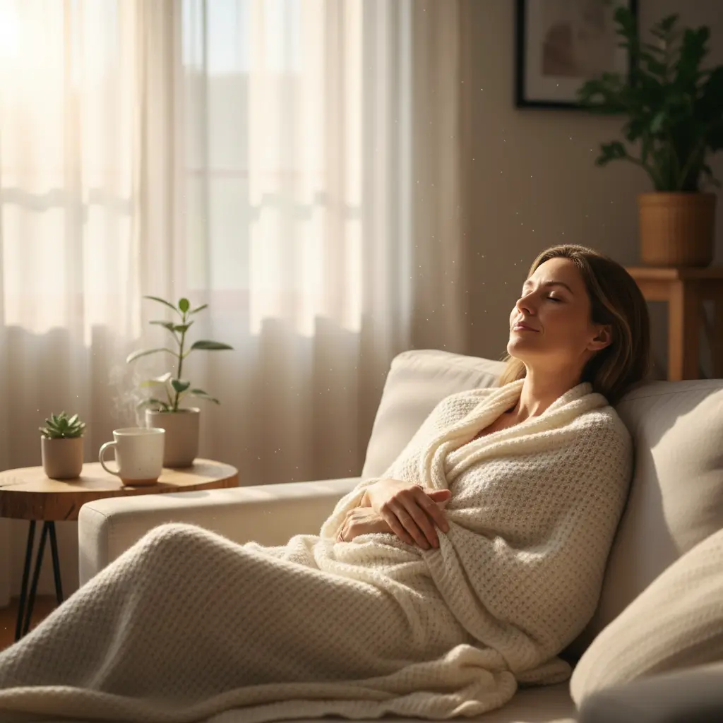 Woman relaxing at home during an online Reiki healing session designed to promote calm, balance, and emotional well-being.