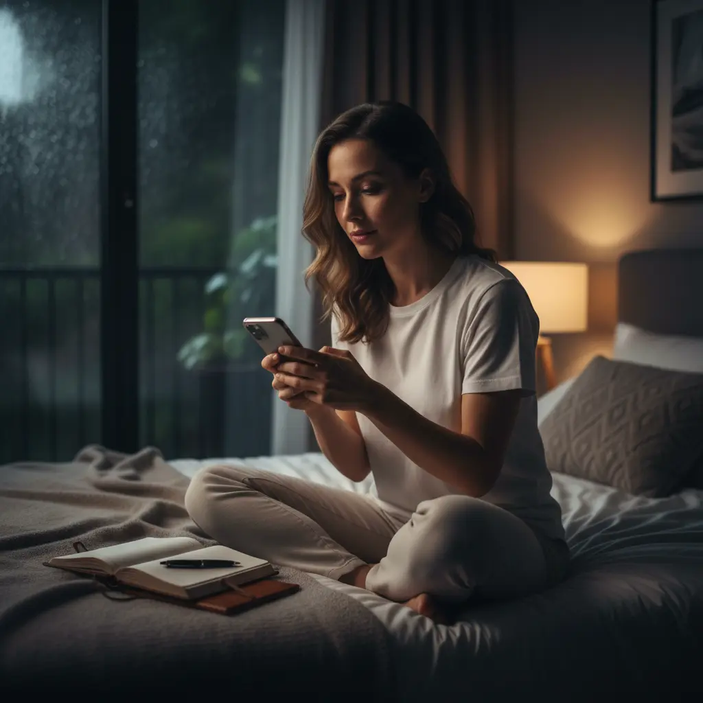 Woman sitting on her bed at night preparing to start her first online psychic reading and reflecting on a personal question.