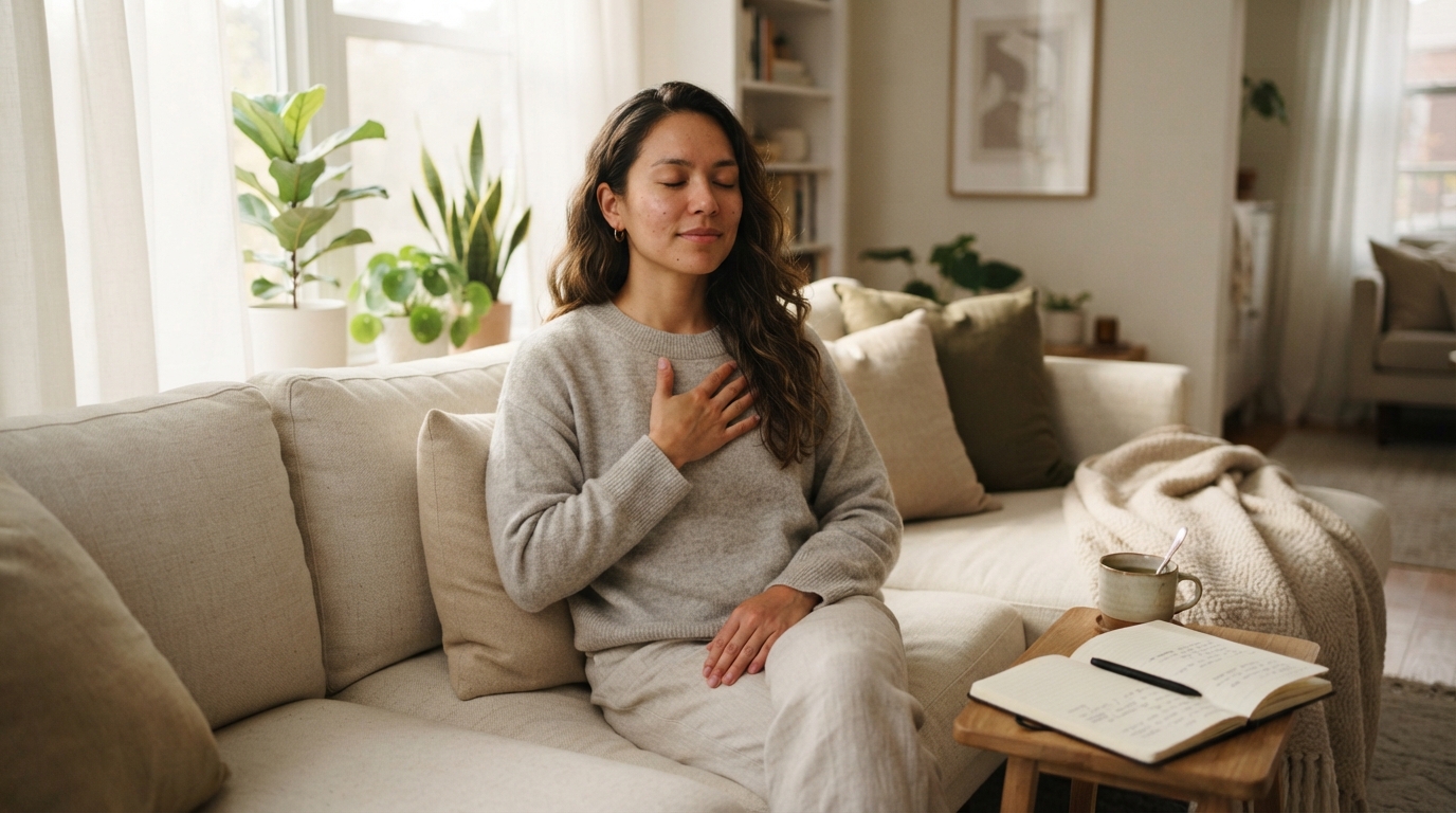 Woman relaxing peacefully at home after an online Reiki session, reflecting on feelings of calm and emotional well-being.